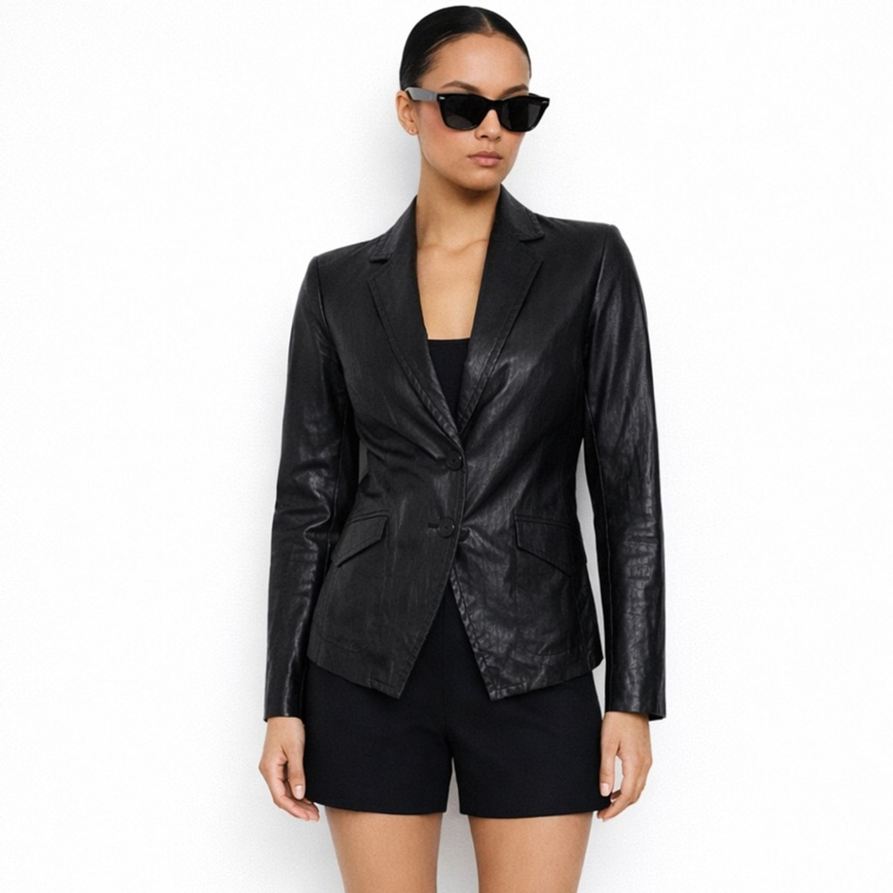Banana Republic Black Leather Blazer Medium Tailored Minimalist Jacket